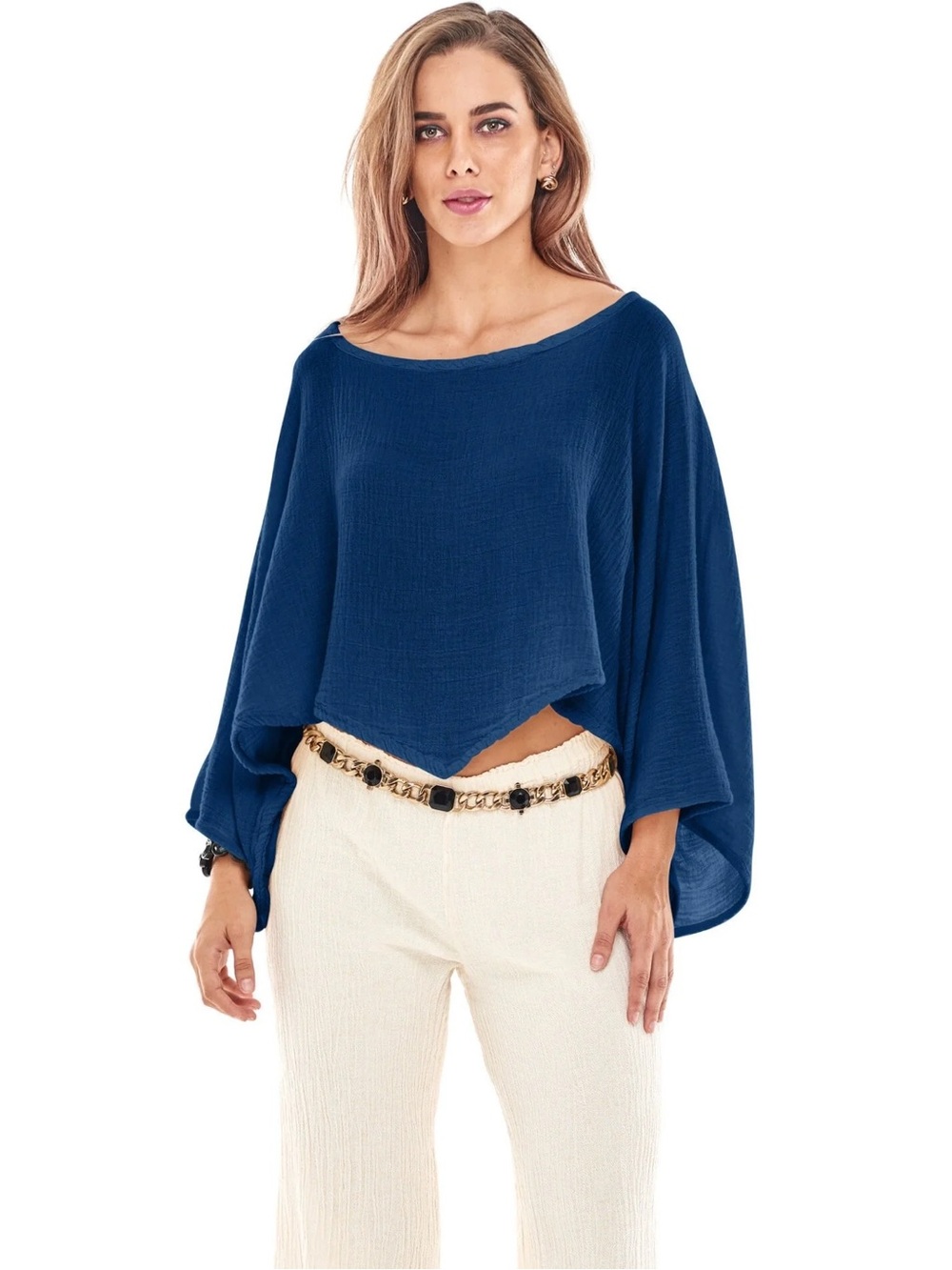 Oh My Gauze! Vanna Dark Blue Cotton Gauze Coastal Poncho Cape Blouse One Size